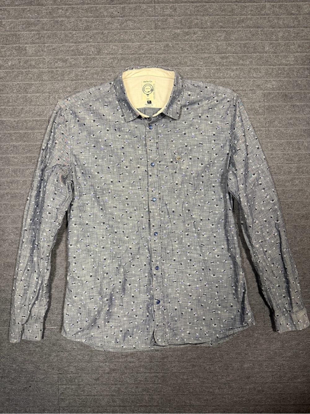Diesel Shirt Mens XL Blue Gray Snap Button Long Sleeve Pocket Geometric